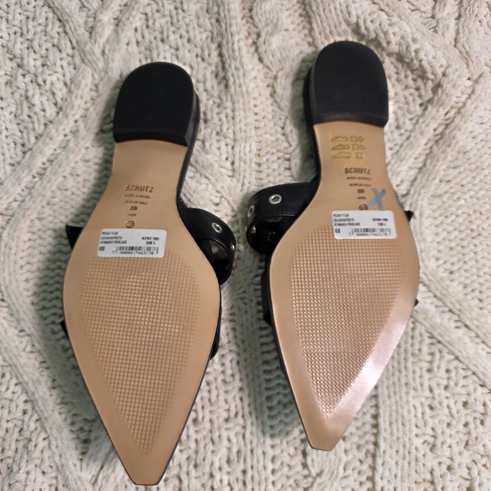 Schutz Penny Flat Leather Mules Black Double Moto Buckle Pointed Toe Women 6 NEW - Picture 4 of 5